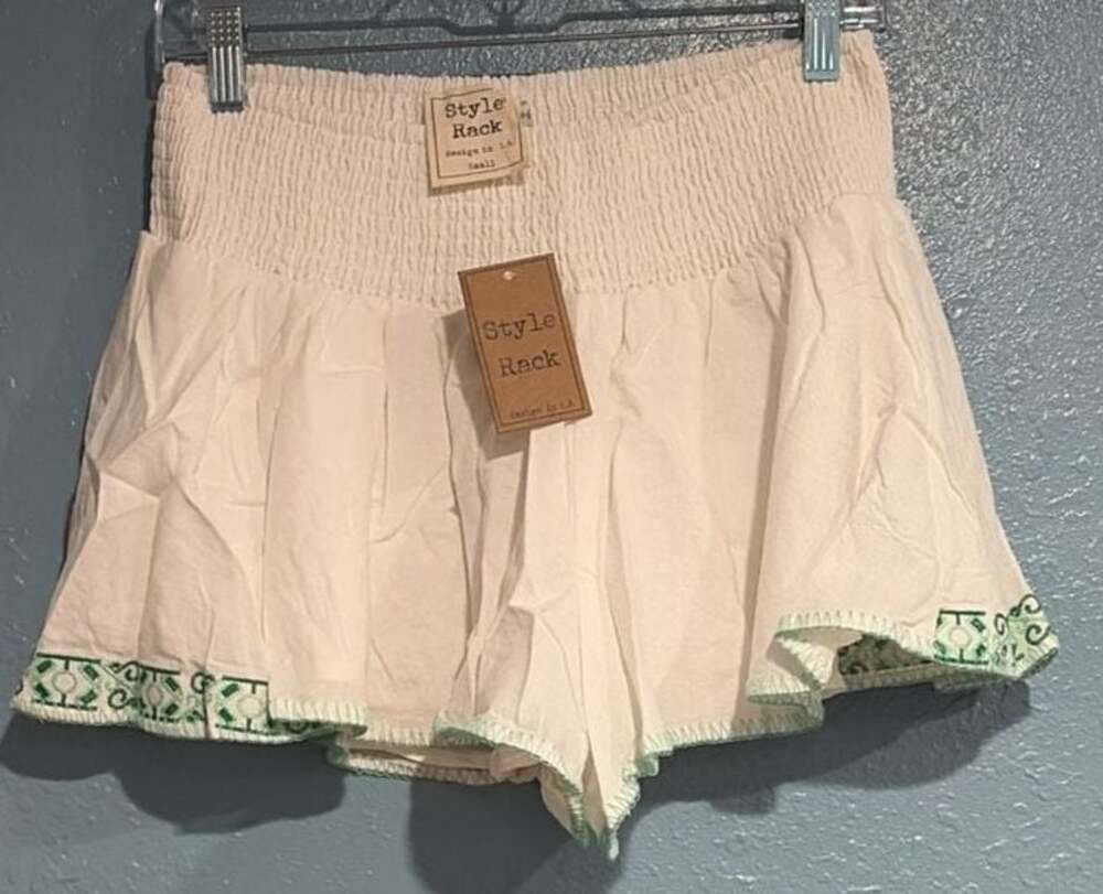 Style Rack White Embroidered Ruffle Shorts with Green Detail